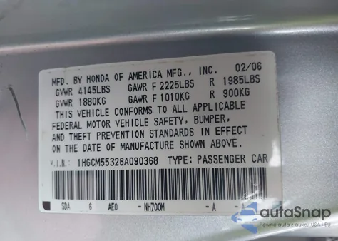 2006 Honda Accord 2.4 Se from USA, damaged, VIN 1HGCM55326A090368